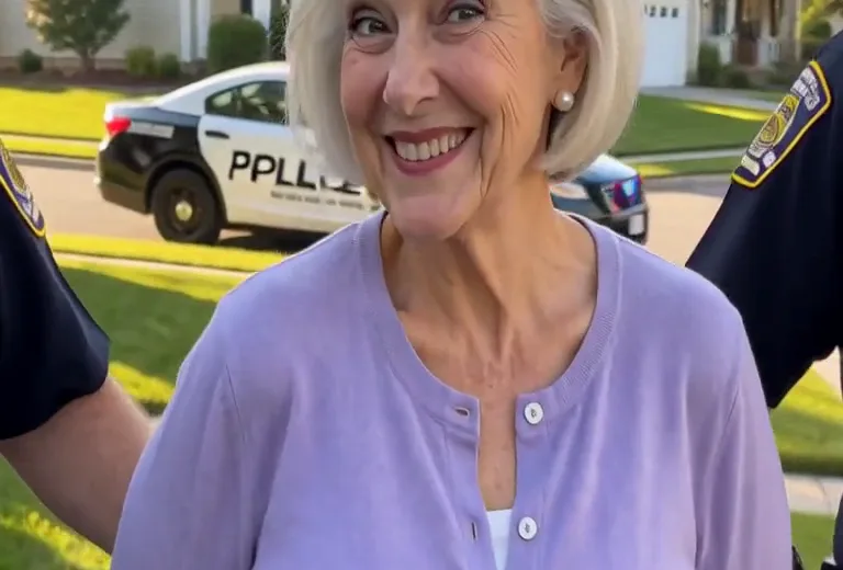 Close-up of an AI arrest filter failure: shoulder patches on officer sleeves and a patrol car reading PPLLE, the model's garbled attempt at POLICE