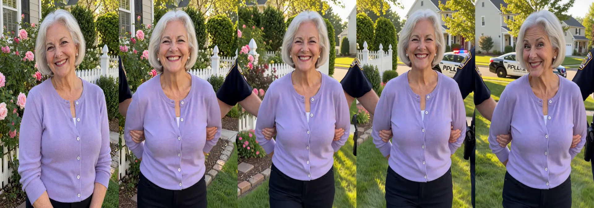 Five frames from one AI arrest filter clip: the uploaded photo as first frame, then the woman being walked toward the camera by two officers